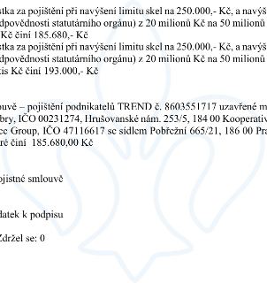 Výňatek z dokumentu týkající se pojištění: 1) Částka za pojištění při navýšení limitu skel na 250.000,- Kč a navýšení limitu odpovědnosti statutárního orgánu z…
