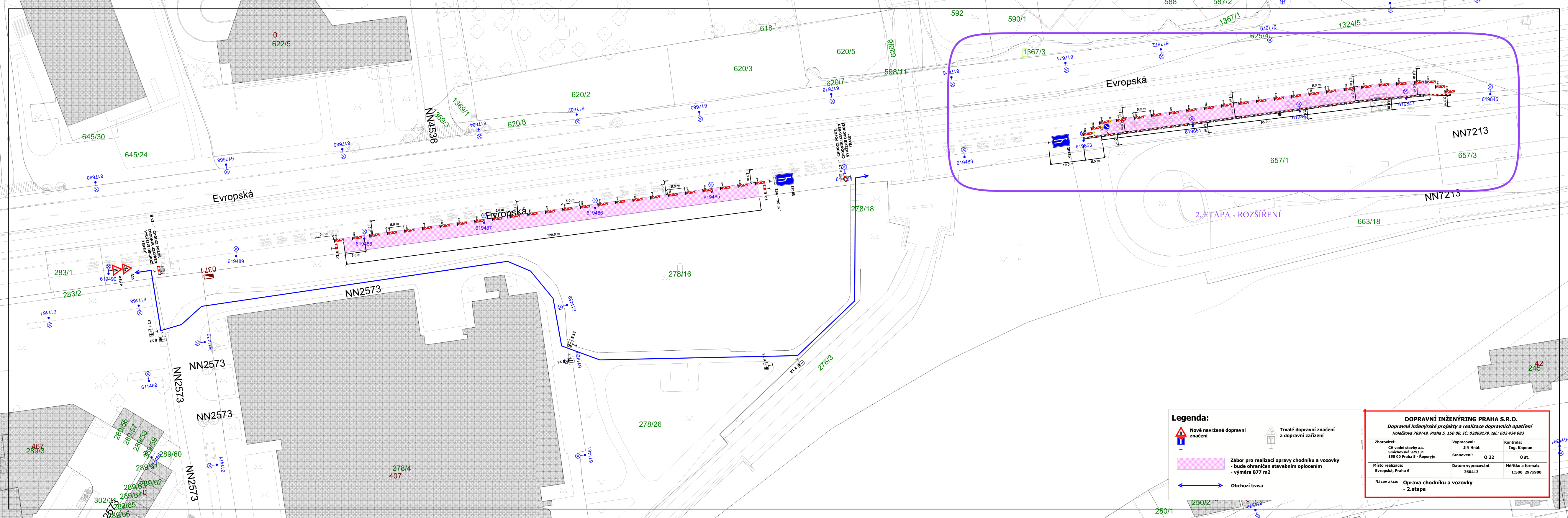 Situační plán dopravního značení pro opravu chodníku a vozovky na ulici Evropská v Praze 6. Plán obsahuje dvě etapy prací vyznačené růžovou barvou v katastrální mapě (parcely 278/16 a 657/1). V pravém dolním rohu je legenda a razítko: DOPRAVNÍ INŽENÝRING PRAHA S.R.O., název akce: 'Oprava chodníku a vozovky - 2.etapa', lokalita: Evropská, Praha 6.
