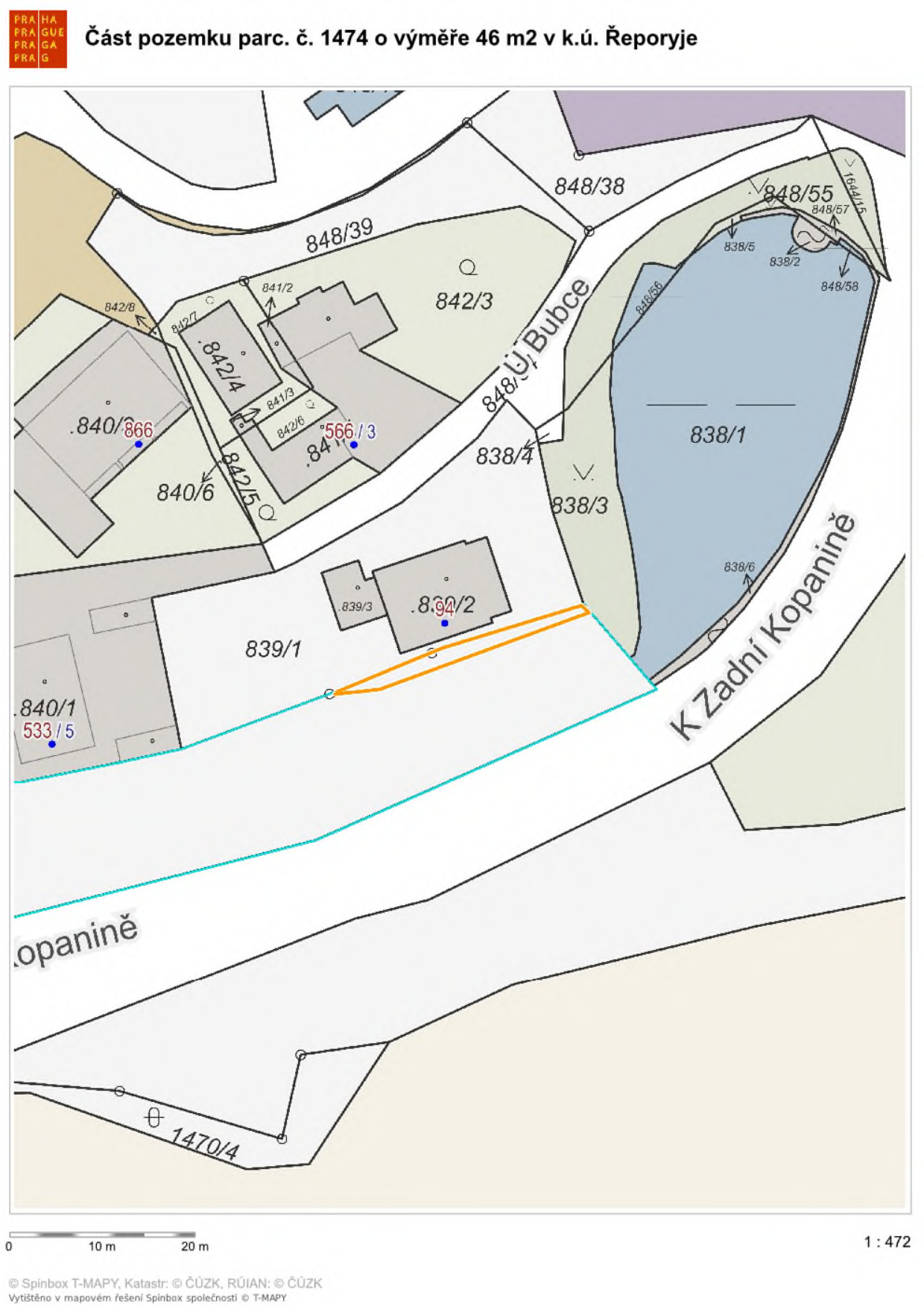 Katastrální mapa zobrazující část pozemku parc. č. 1474 o výměře 46 m2 v k.ú. Řeporyje. Mapa obsahuje čísla parcel (např. 848/38, 842/3, 838/1, 839/1, 840/6, 1470/4), názvy ulic 'U Bubce' a 'K Zadní Kopanině'. V mapě je oranžově a modře zvýrazněna konkrétní část pozemku. Měřítko mapy je 1 : 472. Zdroj: Spinbox T-MAPY, Katastr: © ČÚZK, RÚIAN: © ČÚZK.