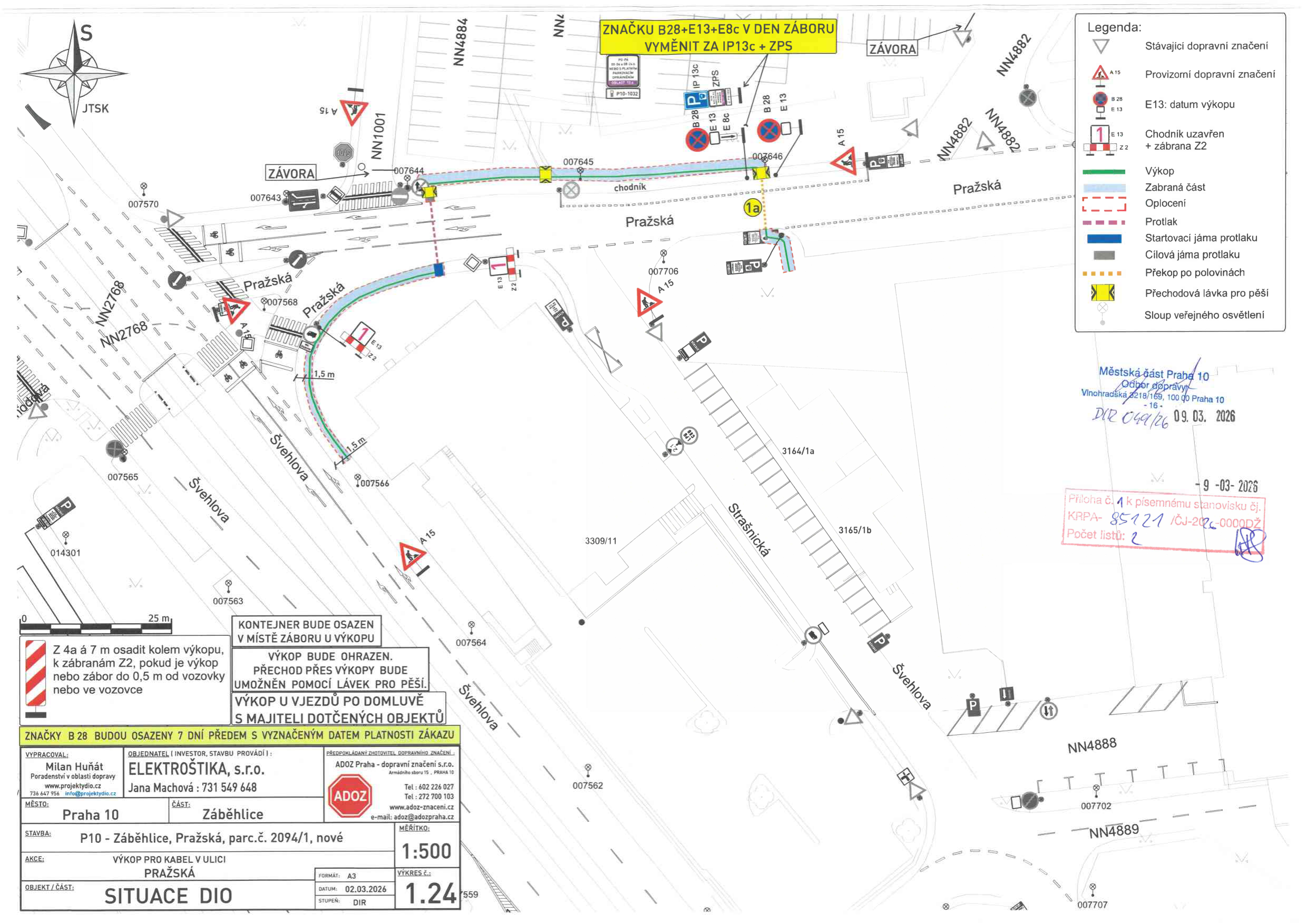 Situační nákres dopravního značení pro provádění výkopových prací na ulici Pražská.