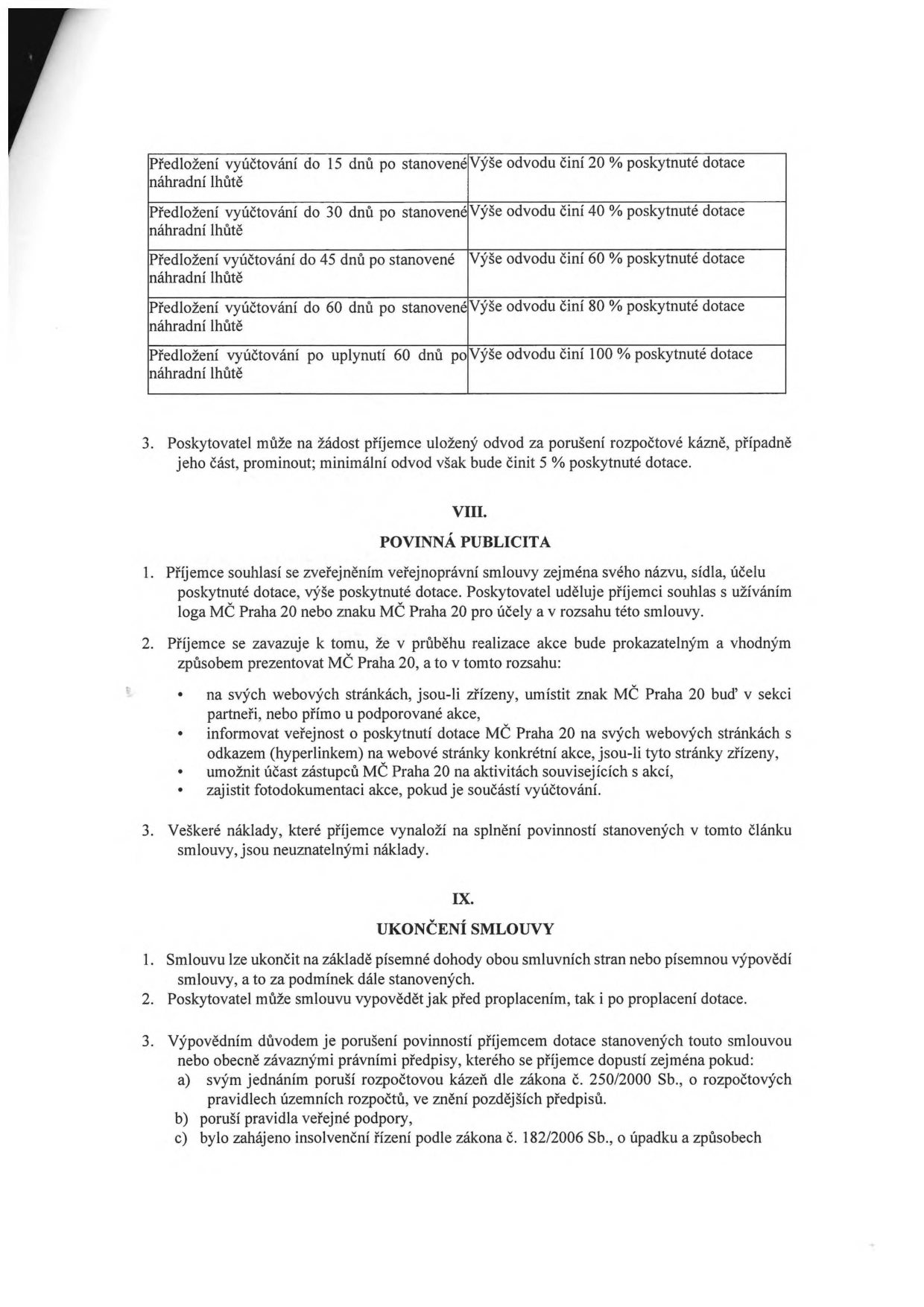 Tabulka sankcí za pozdní předložení vyúčtování dotace: do 15 dnů (odvod 20 %), do 30 dnů (40 %), do 45 dnů (60 %), do 60 dnů (80 %), po 60 dnech (100 %). Bod 3: Poskytovatel může na žádost příjemce odvod prominout (min. 5 %). Článek VIII. POVINNÁ PUBLICITA: Příjemce souhlasí se zveřejněním smlouvy a užitím loga/znaku MČ Praha 20. Závazky příjemce: prezentovat MČ Praha 20 na webu, informovat o podpoře, umožnit účast zástupců MČ Praha 20 na akcích, zajistit fotodokumentaci. Náklady na publicitu jsou neuznatelné. Článek IX. UKONČENÍ SMLOUVY: Možnost ukončení dohodou nebo výpovědí. Výpovědní důvody: porušení rozpočtové kázně (zákon č. 250/2000 Sb.), porušení pravidel veřejné podpory, zahájení insolvenčního řízení (zákon č. 182/2006 Sb.).