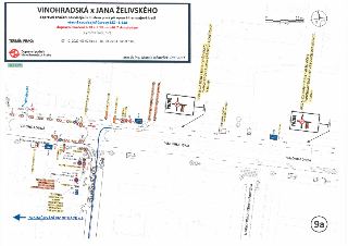 VINOHRADSKÁ x JANA ŽELIVSKÉHO, dopravní značení související s místem prací při opravě tramvajové trati, včetně související úpravy SSZ - 3.613, dopravní značení…
