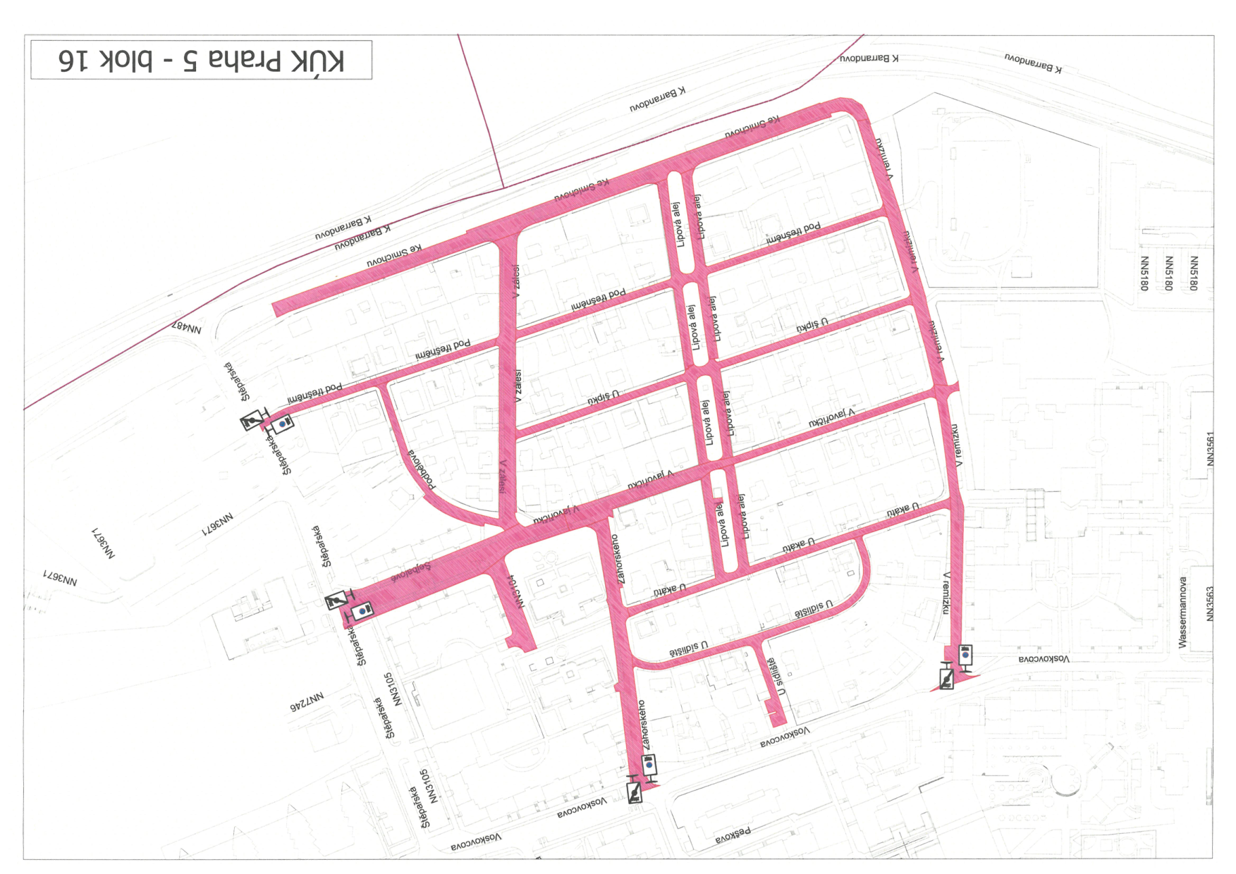 Situační plán 'KÚK Praha 5 - blok 16'. Mapa zobrazuje síť ulic v oblasti Barrandov v Praze 5 s vyznačenými úseky (pravděpodobně zóny či plánované úpravy). Zobrazené ulice: Štěpařská, Pod třešněmi, Ke Smíchovu, V zálesí, Podbělová, V javoříčku, U šípku, Lipová alej, U akátů, U sídliště, Záhorského, Voskovcova, V remízku. Dále jsou uvedena parcelní čísla (např. NN3105, NN3104, NN3671, NN487, NN5180, NN3563, NN3561) a názvy ulic na okrajích: K Barrandovu, Wassermannova.