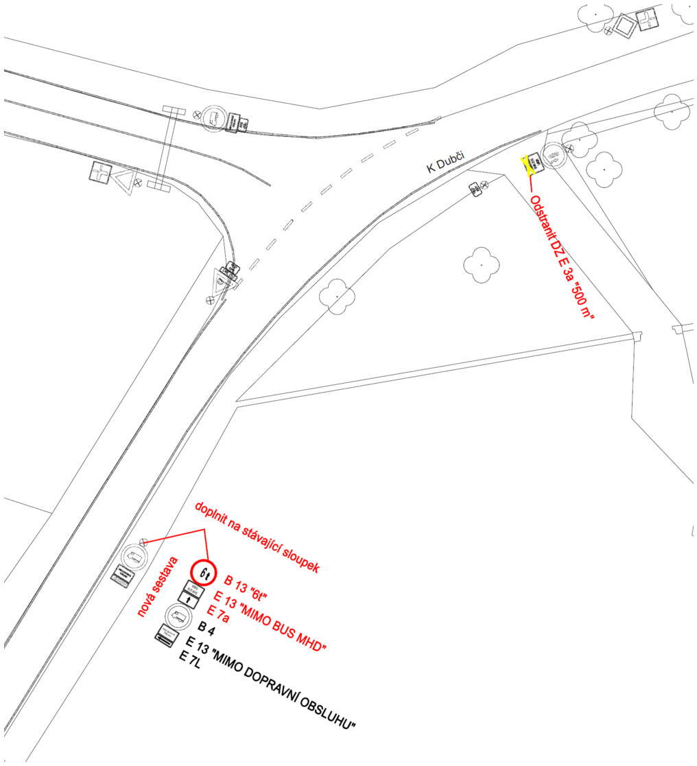 Dopravně-inženýrské schéma s vyznačením úpravy svislého dopravního značení v ulici K Dubči.