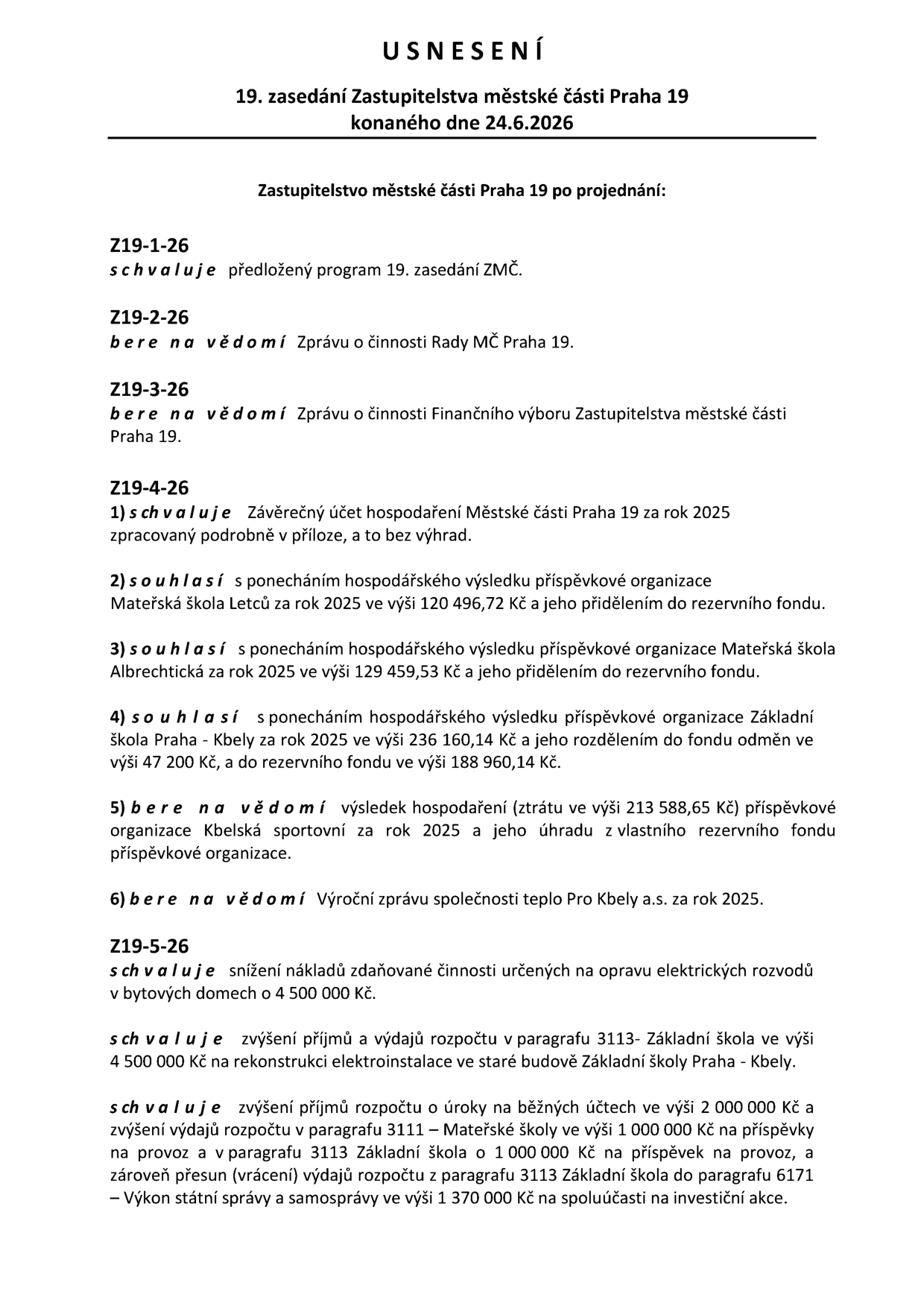 Usnesení z 19. zasedání Zastupitelstva městské části Praha 19 konaného dne 24.6.2026. Zastupitelstvo schvaluje program zasedání (Z19-1-26), bere na vědomí zprávu o činnosti Rady MČ Praha 19 (Z19-2-26) a Finančního výboru (Z19-3-26). Schvaluje závěrečný účet za rok 2025 (Z19-4-26) včetně hospodaření příspěvkových organizací: Mateřská škola Letců (120 496,72 Kč do rezervního fondu), Mateřská škola Albrechtická (129 459,53 Kč do rezervního fondu), Základní škola Praha - Kbely (236 160,14 Kč rozděleno: 47 200 Kč do fondu odměn, 188 960,14 Kč do rezervního fondu). Bere na vědomí ztrátu Kbelské sportovní (213 588,65 Kč) a výroční zprávu teplo Pro Kbely a.s. za rok 2025. V usnesení Z19-5-26 schvaluje snížení nákladů na opravu elektrických rozvodů o 4 500 000 Kč, zvýšení příjmů a výdajů rozpočtu na rekonstrukci elektroinstalace v ZŠ Praha - Kbely o 4 500 000 Kč, zvýšení příjmů o úroky 2 000 000 Kč, zvýšení výdajů na provoz MŠ (1 000 000 Kč) a ZŠ (1 000 000 Kč) a přesun 1 370 000 Kč ze ZŠ do výdajů na výkon státní správy a samosprávy.