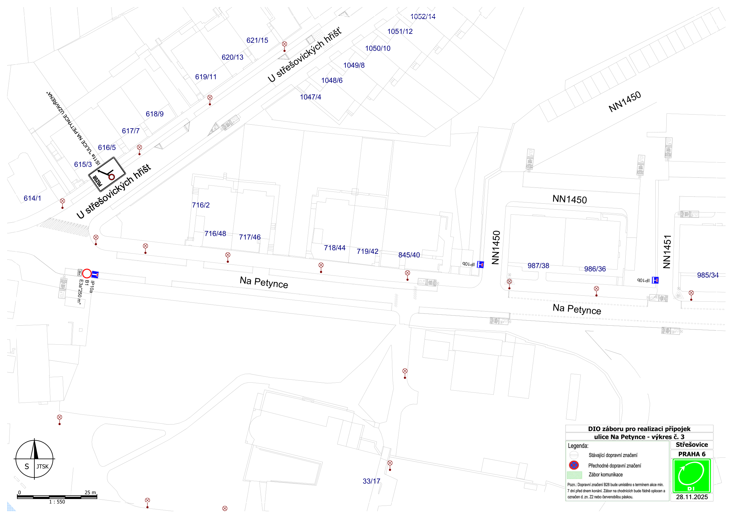 Situační nákres dopravního značení (DIO) pro zábor komunikace v ulici Na Petynce.