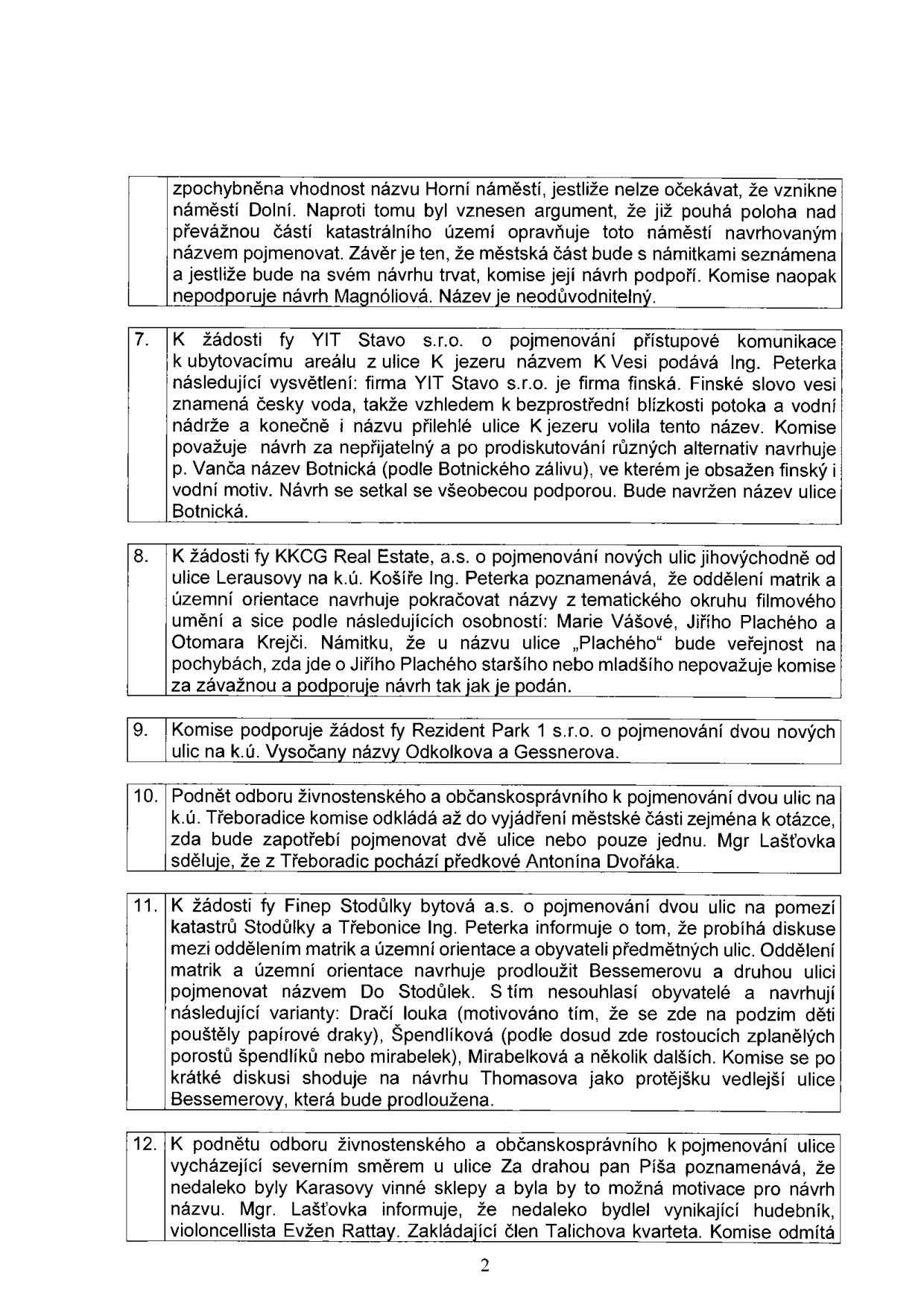 Zápis z jednání komise týkající se pojmenování ulic a náměstí:

- Horní náměstí: Zpochybněna vhodnost názvu, pokud nevznikne Dolní náměstí. Návrh Magnóliová je shledán jako neodůvodněný.
- Bod 7: Žádost fy YIT Stavo s.r.o. o pojmenování komunikace k ubytovacímu areálu z ulice K jezeru názvem K Vesi. Komise návrh zamítla (finský původ slova vesi = voda), navrhuje název Botnická (podle Botnického zálivu).
- Bod 8: Žádost fy KKCG Real Estate, a.s. o pojmenování ulic jihovýchodně od ulice Lerausovy v k.ú. Košíře. Návrh na pojmenování po osobnostech: Marie Vášové, Jiřího Plachého a Otomara Krejčího.
- Bod 9: Komise podporuje žádost fy Rezident Park 1 s.r.o. o pojmenování dvou nových ulic v k.ú. Vysočany názvy Odkolkova a Gessnerova.
- Bod 10: Podnět k pojmenování dvou ulic v k.ú. Třeboradice odložen do vyjádření městské části (předkové Antonína Dvořáka).
- Bod 11: Žádost fy Finep Stodůlky bytová a.s. o pojmenování dvou ulic na pomezí katastrů Stodůlky a Třebonice. Návrh na prodloužení Bessemerovy a pojmenování druhé ulice Thomasova (shoda komise).
- Bod 12: Podnět k pojmenování ulice severně od ulice Za drahou. Zmíněny Karasovy vinné sklepy a violoncellista Evžen Rattay (člen Talichova kvarteta). Komise návrh odmítá.