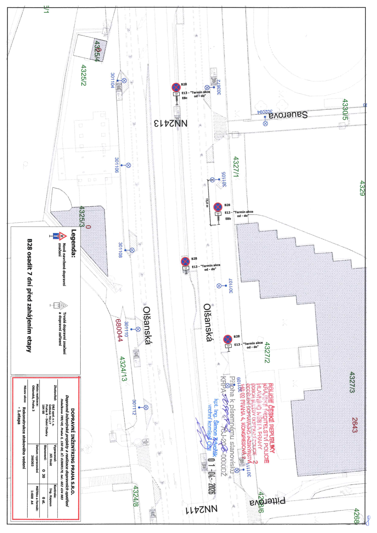 Situační nákres dopravního značení pro rekonstrukci kanalizace v ulici Olšanská.