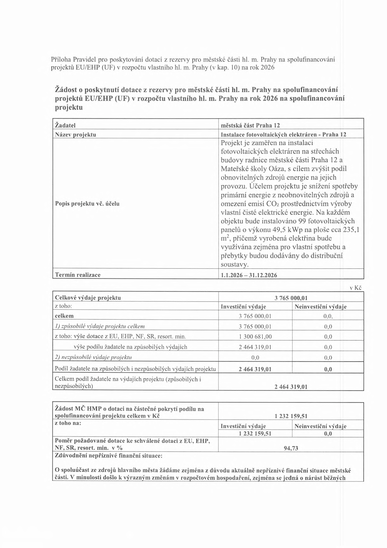 Žádost o poskytnutí dotace z rezervy pro městské části hl. m. Prahy na spolufinancování projektů EU/EHP (UF) v rozpočtu vlastního hl. m. Prahy na rok 2026. Žadatel: městská část Praha 12. Název projektu: Instalace fotovoltaických elektráren - Praha 12. Popis projektu: Instalace fotovoltaických elektráren na střechách budovy radnice městské části Praha 12 a Mateřské školy Oáza, 99 fotovoltaických panelů o výkonu 49,5 kWp na ploše cca 235,1 m2. Termín realizace: 1.1.2026 – 31.12.2026. Celkové výdaje projektu: 3 765 000,01 Kč (investiční). Výše dotace z EU, EHP, NF, SR: 1 300 681,00 Kč. Podíl žadatele na způsobilých výdajích: 2 464 319,01 Kč. Žádost MČ HMP o dotaci na částečné pokrytí podílu na spolufinancování: 1 232 159,51 Kč. Poměr požadované dotace ke schválené dotaci: 94,73 %. Zdůvodnění: nepříznivá finanční situace městské části a nárůst běžných výdajů.