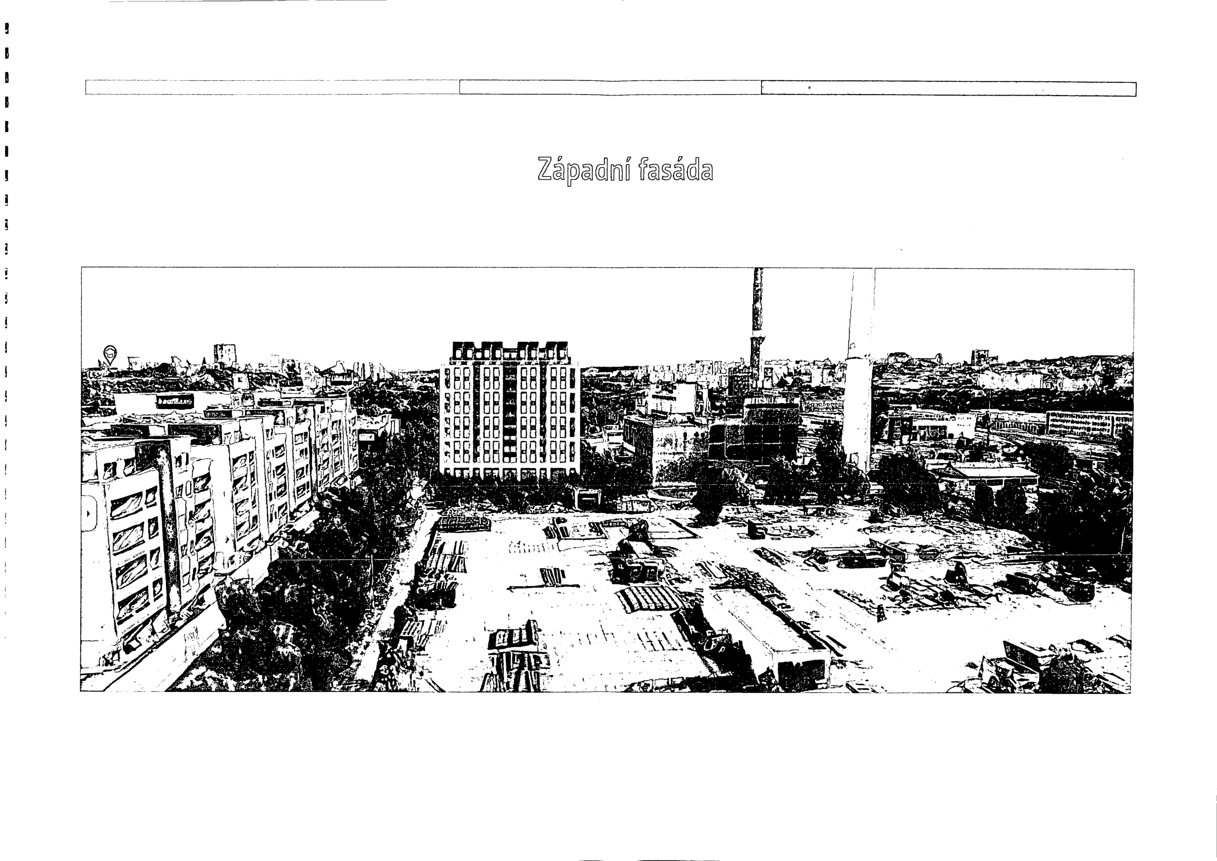 Vizualizace projektu s názvem 'Západní fasáda', zobrazující pohled na budovu a přilehlý pozemek.