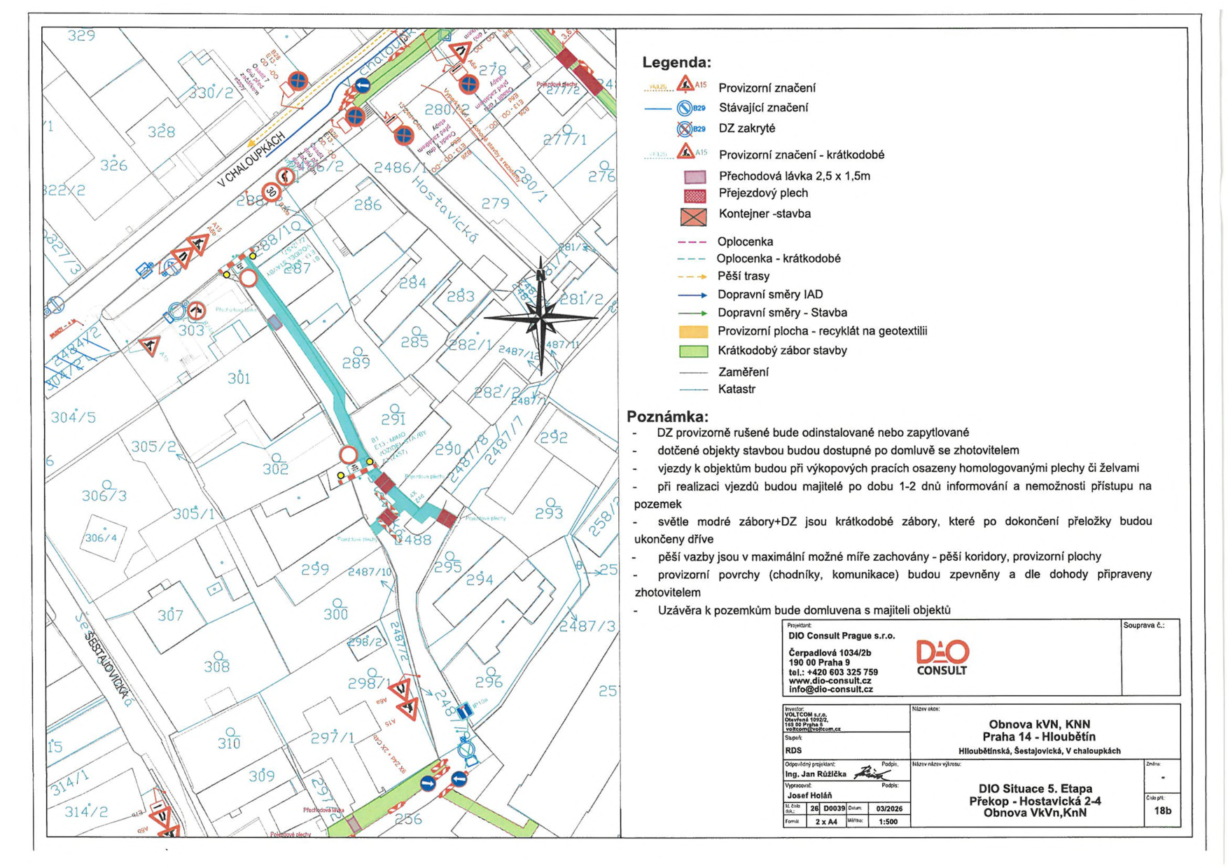 Projektová dokumentace: DIO Situace 5. Etapa, Překop - Hostavická 2-4, Obnova VkN, KnN. Lokalita: Praha 14 - Hloubětín (ulice V Chaloupkách, Hostavická, Šestajovická). Dokument obsahuje situační mapu s vyznačením dopravního značení (provizorní, stávající, zakryté), přechodových lávek, přejezdových plechů, kontejnerů, oplocení a provizorních ploch. Legenda: A15 Provizorní značení, B29 Stávající značení, B29 DZ zakryté, A15 Provizorní značení - krátkodobé, přechodová lávka 2,5 x 1,5m, přejezdový plech, kontejner-stavba, oplocení, pěší trasy, dopravní směry. Poznámky: DZ provizorně rušené bude odinstalované nebo zapytlované; dotčené objekty budou dostupné po domluvě se zhotovitelem; vjezdy k objektům budou při výkopových pracích osazeny homologovanými plechy či želvami; při realizaci vjezdů budou majitelé informováni 1-2 dny předem; světle modré zábory jsou krátkodobé; pěší vazby budou zachovány; provizorní povrchy budou zpevněny. Projektant: DIO Consult Prague s.r.o., Čerpadlová 1034/2b, 190 00 Praha 9, tel: +420 603 325 759, www.dio-consult.cz, info@dio-consult.cz. Investor: VOLTCOM s.r.o. Datum: 03/2026, měřítko 1:500, číslo výkresu 18b.