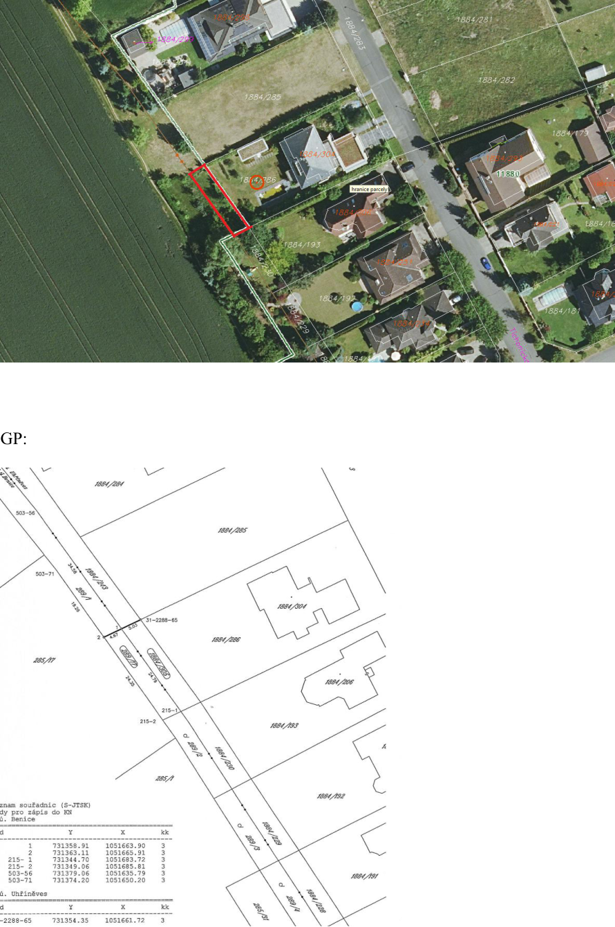 Kombinace ortofotomapy a geometrického plánu znázorňující rozdělení pozemků v katastrálním území.