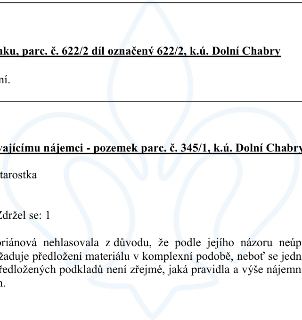 Výňatek z úředního zápisu: 1) '...ku, parc. č. 622/2 díl označený 622/2, k.ú. Dolní Chabry'. 2) '...vajícímu nájemci - pozemek parc. č. 345/1, k.ú. Dolní Chabr…