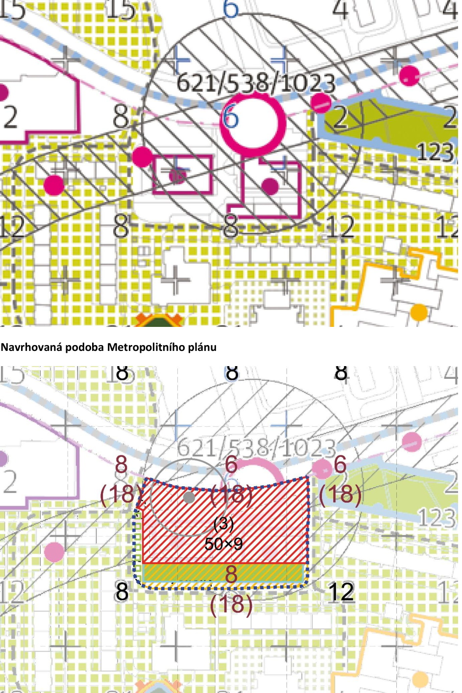 Výřez z Metropolitního plánu (Praha). Horní část zobrazuje stávající stav s čísly parcel (621/538/1023) a územními regulativy (čísla 2, 4, 6, 8, 12, 15, 123). Dolní část zobrazuje navrhovanou podobu Metropolitního plánu s vyznačenou plochou (červené šrafování s žlutým pruhem), parametry (3), rozměry (50x9) a výškovými regulativy (18).