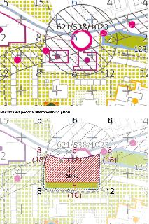 Výřez z Metropolitního plánu (Praha). Horní část zobrazuje stávající stav s čísly parcel (621/538/1023) a územními regulativy (čísla 2, 4, 6, 8, 12, 15, 123).…