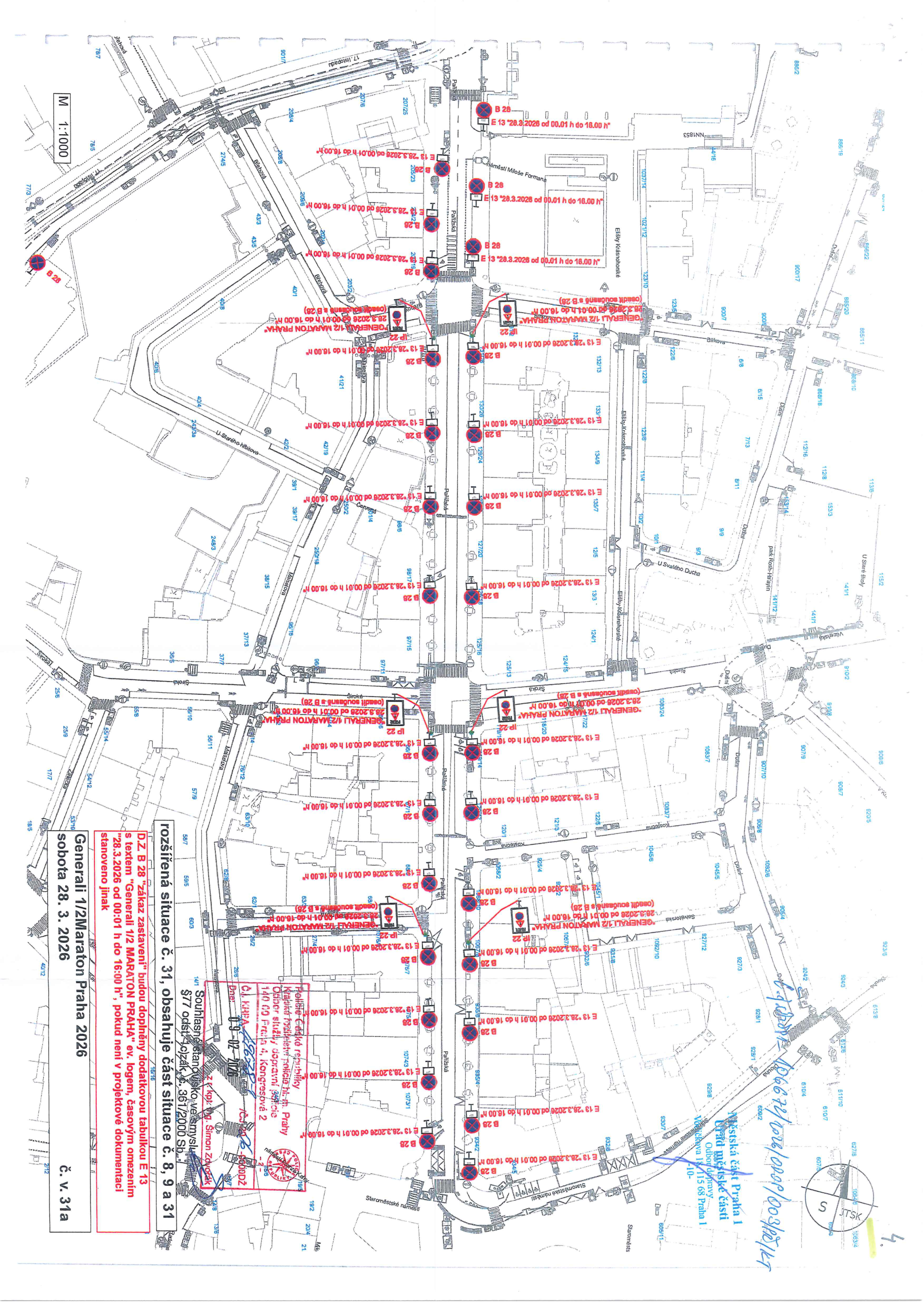 Dopravně-inženýrské situační schéma s vyznačením značek pro konání akce Generali 1/2 Maraton Praha 2026.