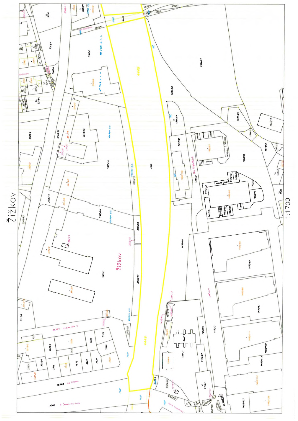 Katastrální mapa části území Žižkov v měřítku 1:1700. Mapa zobrazuje parcely s jejich čísly (např. 4449, 3505/13, 3505/14, 3505/21, 1544/67, 1492/95, 1492/87, 1492/71, 1492/70, 1492/89, 1492/113, 1544/1, 1544/13, 1544/11, 1544/12, 3512/4, 3512/8, 3513/5, 3505/22, 3505/19, 3505/2, 3505/1, 3505/5, 3505/15, 3505/16, 3505/18, 3505/20, 3507/1, 3507/2, 3506/3, 3348/1, 3347, 3346, 3344, 3341, 3352, 3356, 3504/1, 1570/4, 1570/9, 1570/8, 1544/66, 1544/27, 1544/26, 1544/25, 1544/24, 1544/15, 1537/9, 1536, 1492/127, 1492/129, 1492/110, 1492/105, 1492/4, 1492/27, 1492/28, 1492/3, 1492/86, 1492/88, 1492/75, 1492/76, 1492/77, 1492/78, 1492/79, 1492/80, 1492/81, 1492/90, 1492/91, 1492/92, 1492/93, 1492/94, 1492/95, 1492/96, 1492/97, 1492/98, 1492/99, 1492/100, 1492/101, 1492/102, 1492/103, 1492/104, 1492/106, 1492/107, 1492/108, 1492/109, 1492/111, 1492/112, 1492/114, 1492/115, 1492/116, 1492/117, 1492/118, 1492/119, 1492/120, 1492/121, 1492/122, 1492/123, 1492/124, 1492/125, 1492/126, 1492/128, 1492/130, 1492/131, 1492/132, 1492/133, 1492/134, 1492/135, 1492/136, 1492/137, 1492/138, 1492/139, 1492/140, 1492/141, 1492/142, 1492/143, 1492/144, 1492/145, 1492/146, 1492/147, 1492/148, 1492/149, 1492/150, 1492/151, 1492/152, 1492/153, 1492/154, 1492/155, 1492/156, 1492/157, 1492/158, 1492/159, 1492/160, 1492/161, 1492/162, 1492/163, 1492/164, 1492/165, 1492/166, 1492/167, 1492/168, 1492/169, 1492/170, 1492/171, 1492/172, 1492/173, 1492/174, 1492/175, 1492/176, 1492/177, 1492/178, 1492/179, 1492/180, 1492/181, 1492/182, 1492/183, 1492/184, 1492/185, 1492/186, 1492/187, 1492/188, 1492/189, 1492/190, 1492/191, 1492/192, 1492/193, 1492/194, 1492/195, 1492/196, 1492/197, 1492/198, 1492/199, 1492/200). V mapě jsou vyznačeny názvy lokalit jako 'Žižkov', 'Na Třebešíně', 'Vackov o.s.', 'MY Park, s.r.o.' a ulice 'Červeného dvora'.