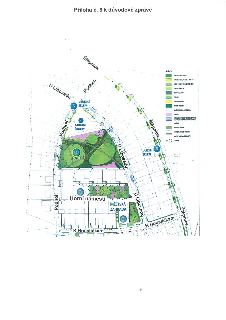 Situační plán úprav veřejného prostoru, příloha č. 8 k důvodové zprávě. Mapa obsahuje očíslované zóny: 1 - PARK, 2 - Horní náměstí, 3 - MĚSTSKÁ ZAHRADA, 4 - AT…