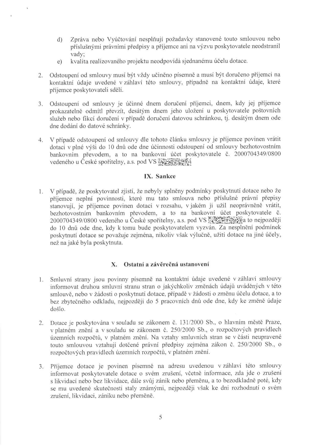 Text smlouvy o poskytnutí dotace, strana 5. Obsahuje body: d) a e) týkající se nesplnění požadavků nebo kvality projektu. Článek VIII. (pokračování): 2. Odstoupení od smlouvy musí být písemné. 3. Účinnost odstoupení. 4. Povinnost vrátit dotaci do 10 dnů na účet poskytovatele č. 2000704349/0800 u České spořitelny, a.s. pod VS [vymazáno]. Článek IX. Sankce: 1. Povinnost vrátit dotaci při nesplnění podmínek na účet č. 2000704349/0800 u České spořitelny, a.s. pod VS [vymazáno]. Článek X. Ostatní a závěrečná ustanovení: 1. Povinnost informovat o změnách údajů do 5 pracovních dnů. 2. Dotace je poskytována v souladu se zákonem č. 131/2000 Sb. a zákonem č. 250/2000 Sb. 3. Povinnost informovat o zrušení, likvidaci, zániku nebo přeměně příjemce.