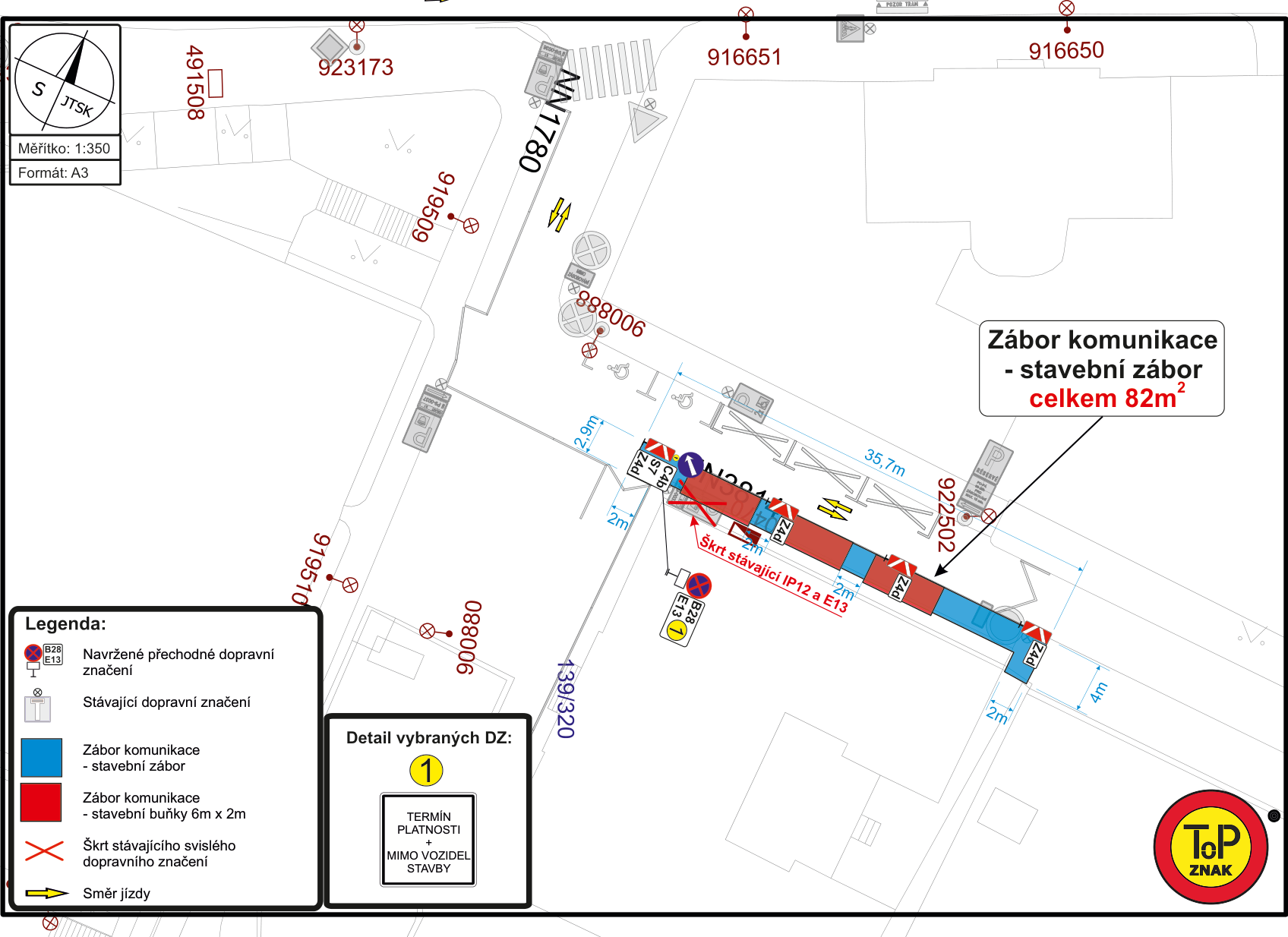 Situační nákres dopravního značení a záboru komunikace pro účely stavby.