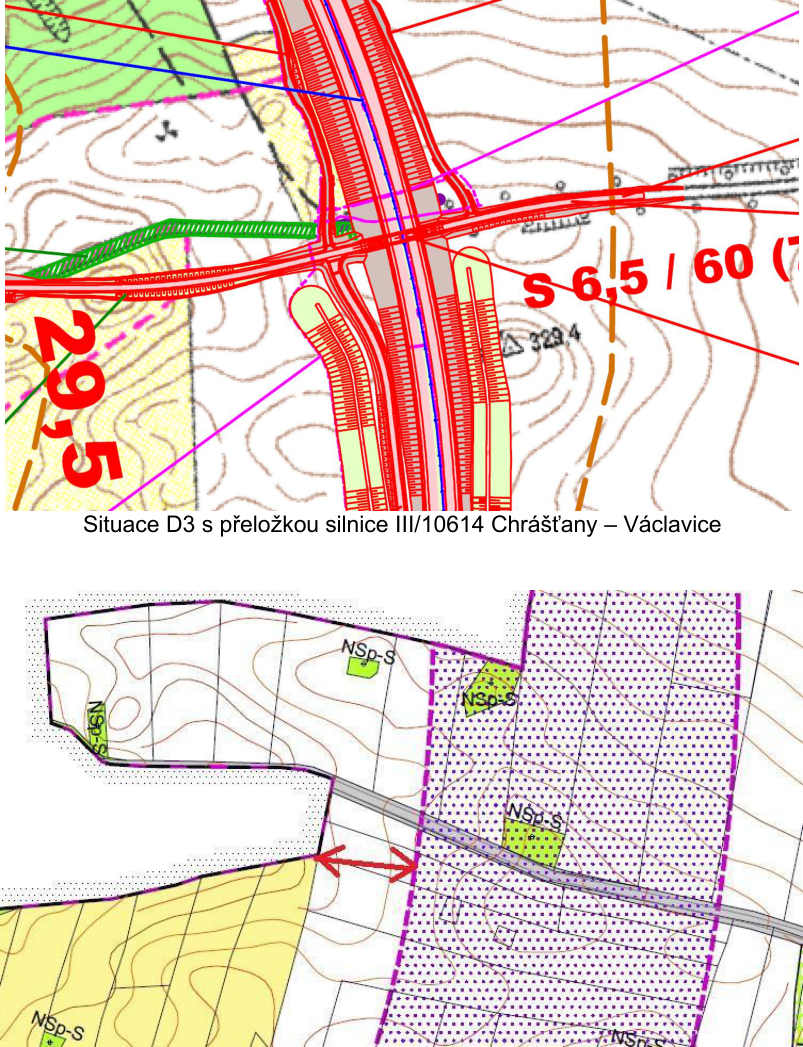 Technický výkres (situační nákres) dopravní stavby. Horní část: 'Situace D3 s přeložkou silnice III/10614 Chrášťany – Václavice', zobrazuje trasu dálnice D3, křížení silnic, výškový bod 329,4 a parametry silnice 'S 6,5 / 60'. Dolní část: výřez územního plánu s vyznačenými plochami označenými kódem 'NSp-S' (plochy smíšené nezastavěného území - sportovní a rekreační využití) a šipkami vymezujícími prostor stavby.