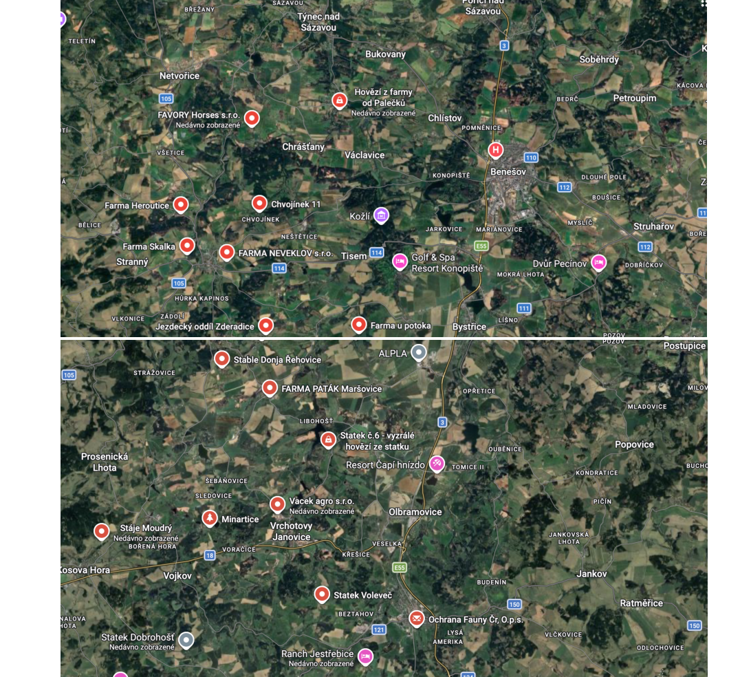 Mapa oblasti v okolí Benešova a Olbramovic s vyznačenými body zájmu (farmy, stáje, resorty). Horní část mapy: Týnec nad Sázavou, Bukovany, Netvořice, FAVORY Horses s.r.o., Hovězí z farmy od Palečků, Chlístov, Benešov, Farma Heroutice, Chvojínek 11, Farma Skalka, FARMA NEVEKLOV s.r.o., Golf & Spa Resort Konopiště, Dvůr Pecínov, Jezdecký oddíl Zderadice, Farma u potoka. Dolní část mapy: Stable Donja Řehovice, FARMA PATÁK Maršovice, Statek č.6 - vyzrálé hovězí ze statku, Resort Čapí hnízdo, Vacek agro s.r.o., Minartice, Stáje Moudrý, Statek Voleveč, Ochrana Fauny ČR, o.p.s., Ranch Jestřebice, Statek Dobrohošť.