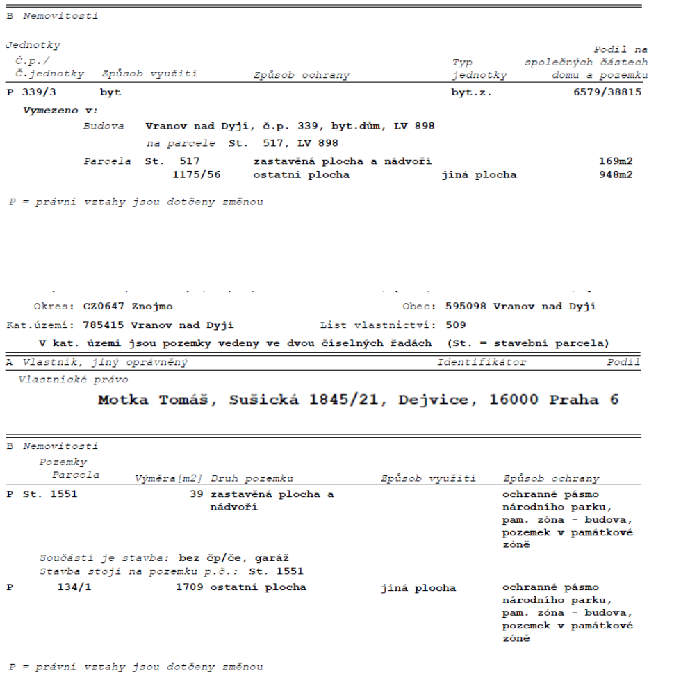 Výpis z katastru nemovitostí. Část B (Nemovitosti): Jednotka č. 339/3 (byt) v budově Vranov nad Dyjí, č.p. 339, na parcele St. 517 (LV 898). Podíl na společných částech domu a pozemku: 6579/38815. Parcela St. 517 (zastavěná plocha a nádvoří, 169 m2) a parcela 1175/56 (ostatní plocha, 948 m2). Okres: Znojmo, Obec: Vranov nad Dyjí, Katastrální území: Vranov nad Dyjí, List vlastnictví: 509. Vlastník: Motka Tomáš, Sušická 1845/21, Dejvice, 16000 Praha 6. Část B (Nemovitosti) - Pozemky: Parcela St. 1551 (39 m2, zastavěná plocha a nádvoří, součást je stavba bez č.p./č.e., garáž) a parcela 134/1 (1709 m2, ostatní plocha). Ochrana pozemků: ochranné pásmo národního parku, památková zóna - budova, pozemek v památkové zóně.
