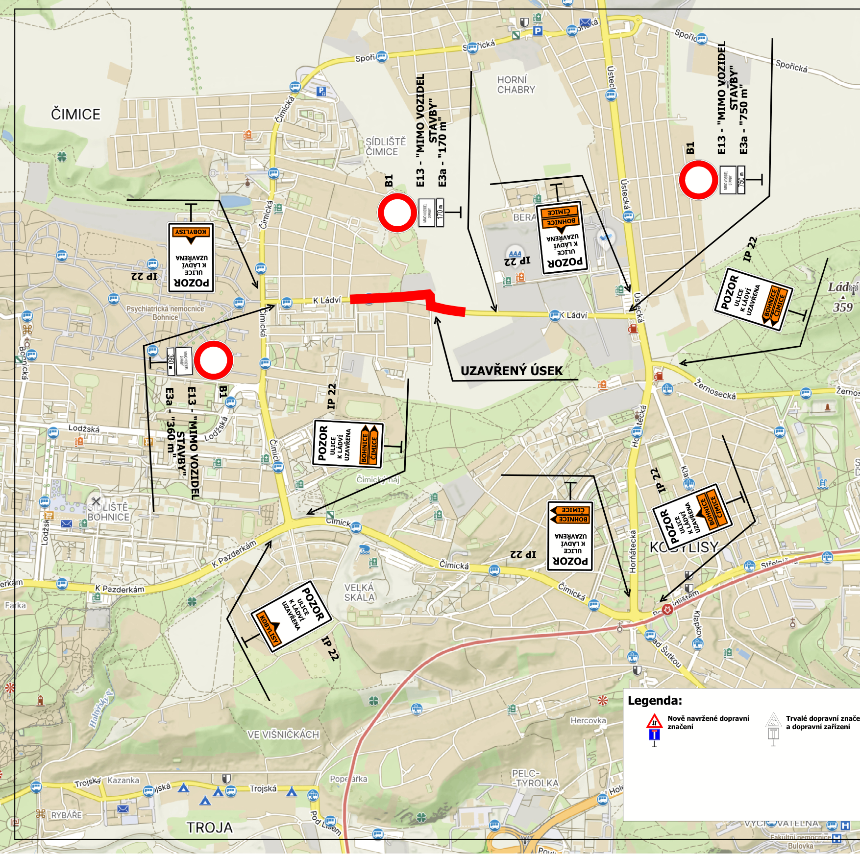 Mapa dopravního značení a uzavírky ulice K Ládví v Praze.