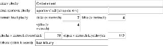 Tabulka s parametry sportovní plochy: název plochy: Cvičební sál, druh sportovní plochy: sportovní sál (strop do 4m), rozměr hrací plochy: délka 7 m, šířka 4 m…