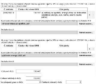 Formulář pro vyúčtování dotace. První položka: nemá nárok na odpočet DPH, č. dokladu 3110210010, částka 155 447 Kč, účel: náklady na spotřebu energií přímo od…
