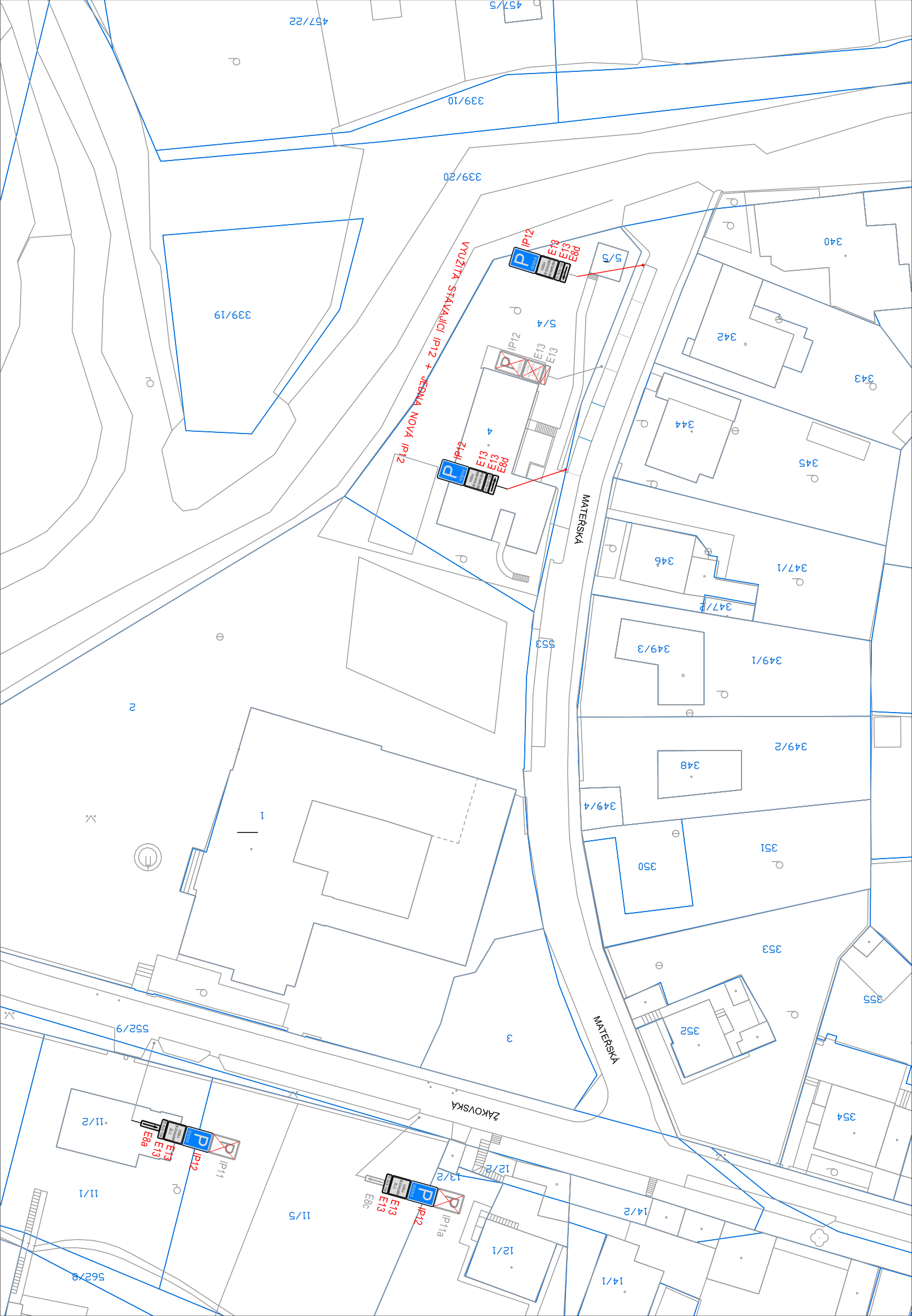 Situační nákres dopravního značení na ulici Mateřská se zákresy parkovacích míst.