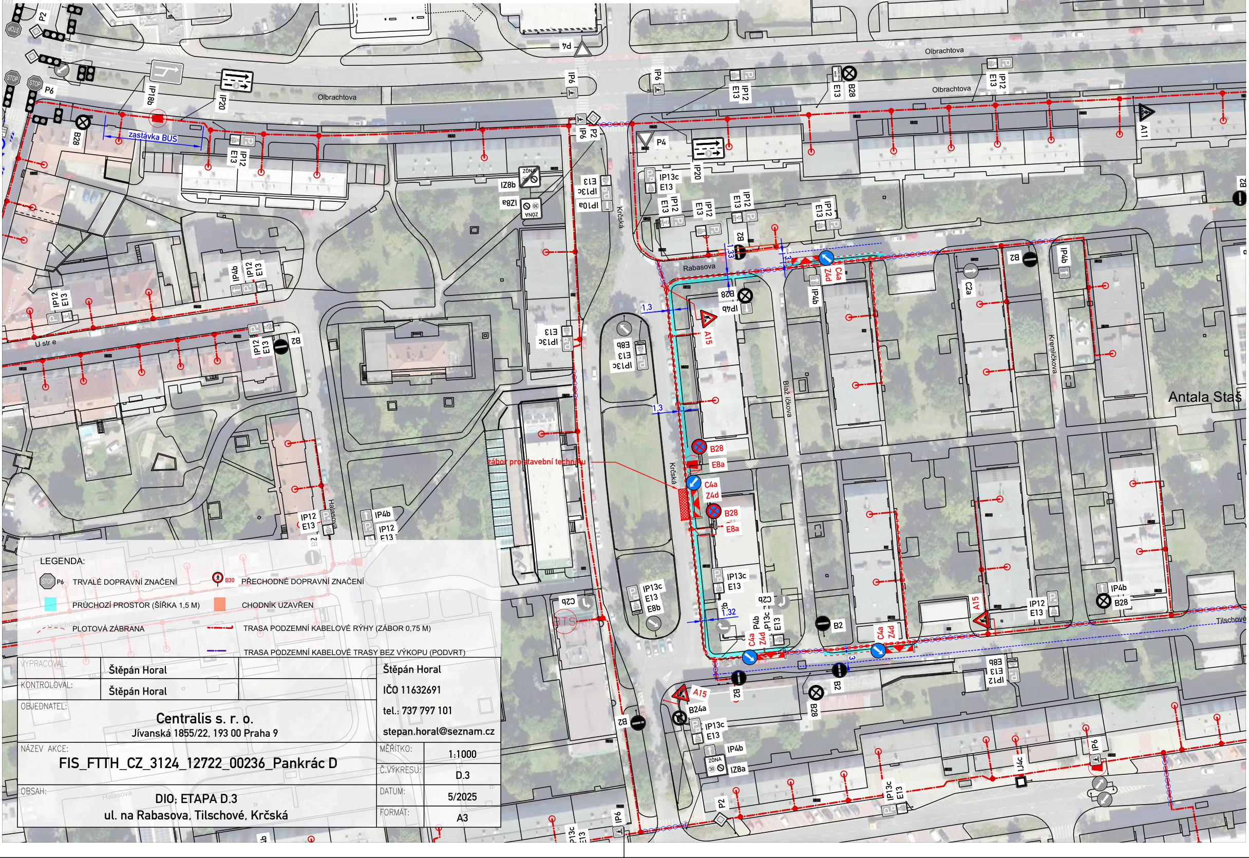 Situační nákres trasy podzemního kabelového vedení (DIO) v ulicích Rabasova a Tilschové.