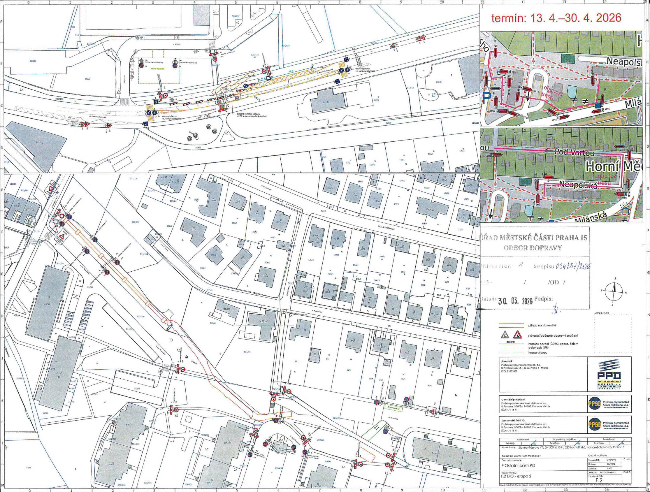 Situační nákres dopravního značení a plán uzavírky komunikací v rámci stavebních prací.