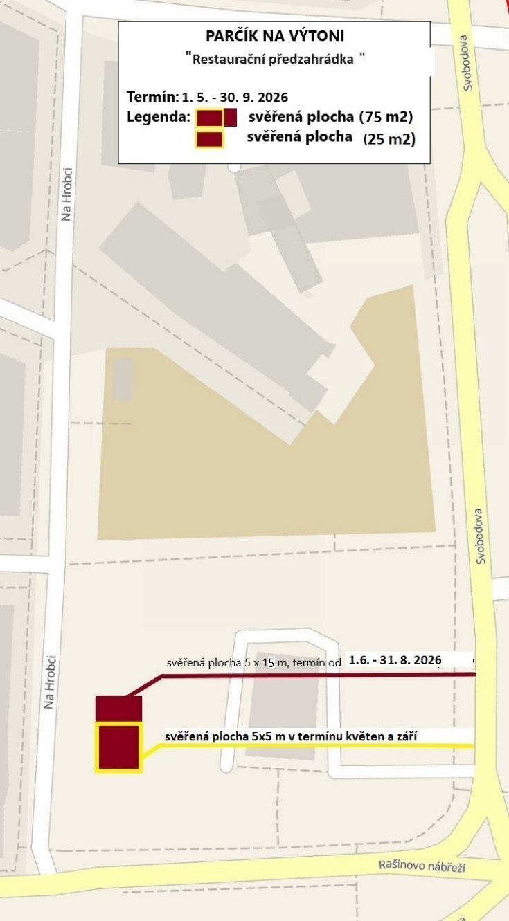 Situační nákres vyhrazených ploch pro restaurační předzahrádku v Parčíku na Výtoni.
