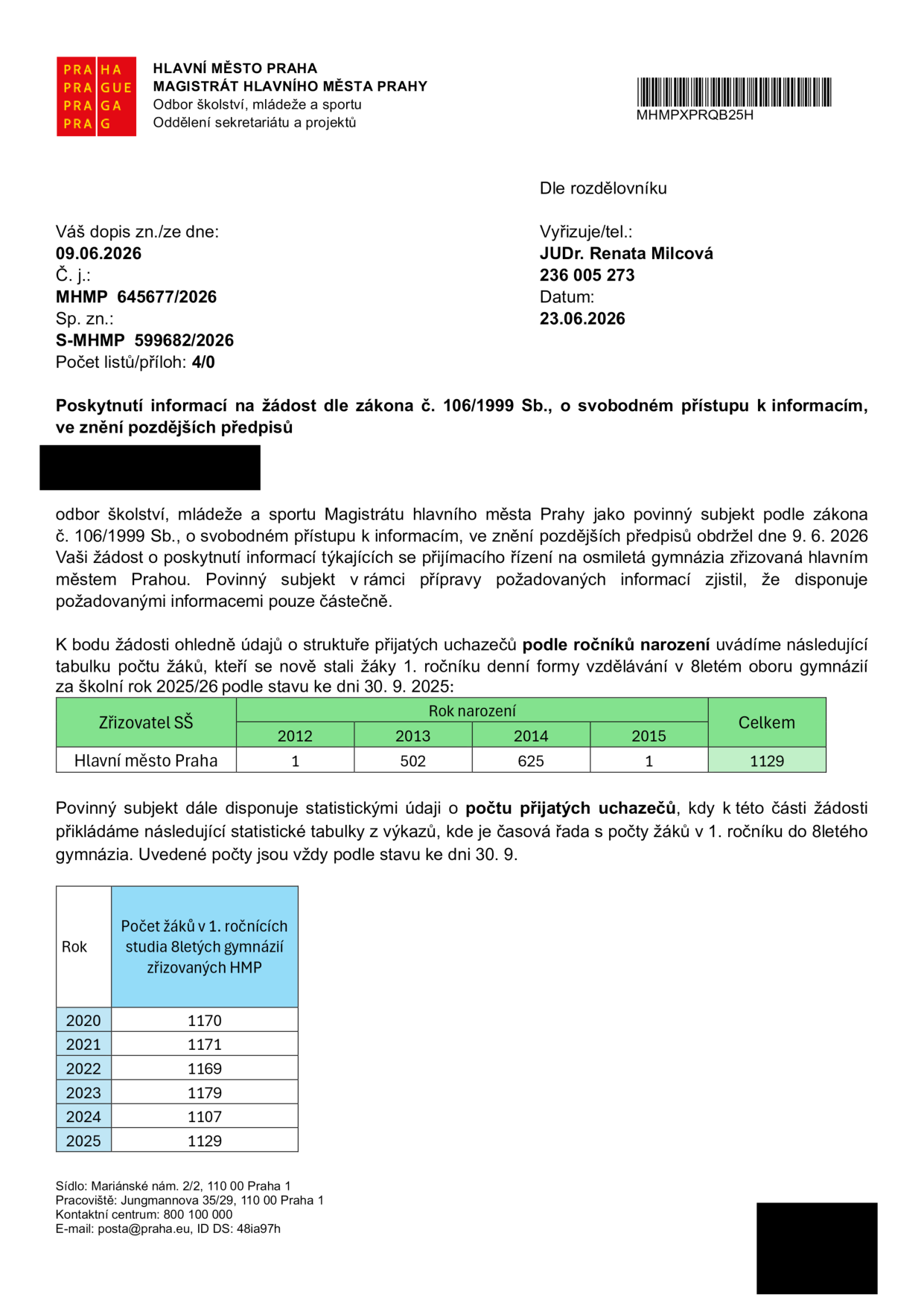 Úřední dokument Magistrátu hlavního města Prahy, odboru školství, mládeže a sportu, ze dne 23. 6. 2026, č. j. MHMP 645677/2026, sp. zn. S-MHMP 599682/2026. Předmětem je poskytnutí informací dle zákona č. 106/1999 Sb. o přijímacím řízení na osmiletá gymnázia zřizovaná hlavním městem Prahou. Dokument obsahuje tabulku struktury přijatých žáků do 1. ročníku pro školní rok 2025/26 podle roku narození (2012: 1, 2013: 502, 2014: 625, 2015: 1, celkem 1129) a tabulku počtu žáků v 1. ročnících osmiletých gymnázií zřizovaných HMP v letech 2020 až 2025 (2020: 1170, 2021: 1171, 2022: 1169, 2023: 1179, 2024: 1107, 2025: 1129). Vyřizuje JUDr. Renata Milcová.