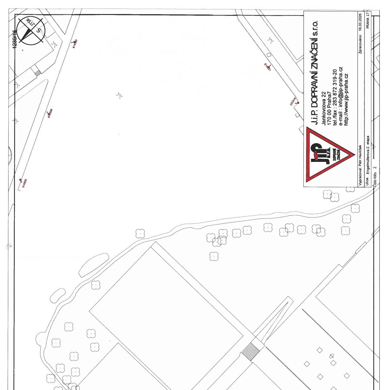 Situační nákres dopravního značení pro ulici Engelmüllerova 2. etapa. Obsahuje technické údaje: J.I.P. DOPRAVNÍ ZNAČENÍ s.r.o., Jankovcova 22, 170 00 Praha 7, tel./fax: 283 872 319-20, e-mail: info@jip-praha.cz, http://www.jip-praha.cz. Vypracoval: Petr Havlíček, datum: 16.03.2026, číslo listu: 2.