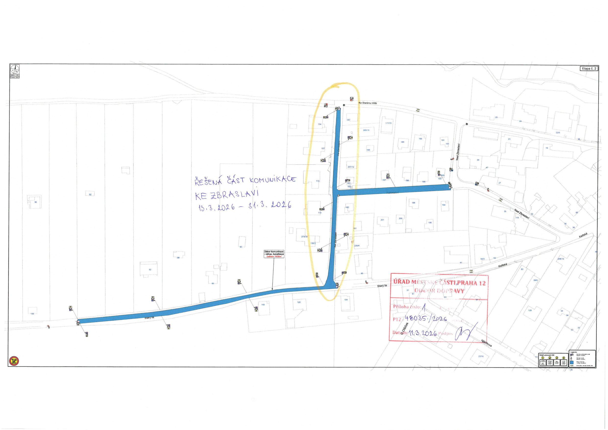 Koordinační situační výkres dopravního značení pro záběr komunikace v ulici Ke Zbraslavi.