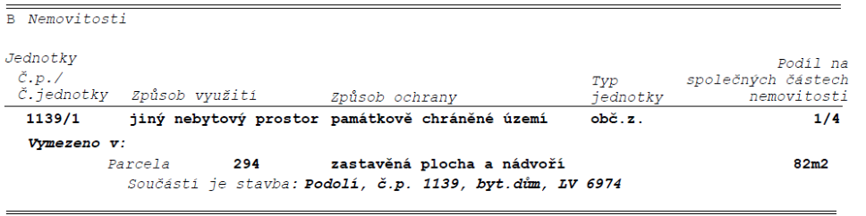Výpis z katastru nemovitostí, část B Nemovitosti. Jednotka č.p./č.jednotky 1139/1, způsob využití: jiný nebytový prostor, způsob ochrany: památkově chráněné území, typ jednotky: obč.z., podíl na společných částech nemovitosti: 1/4. Vymezeno v: Parcela 294, zastavěná plocha a nádvoří, 82m2. Součástí je stavba: Podolí, č.p. 1139, byt.dům, LV 6974.
