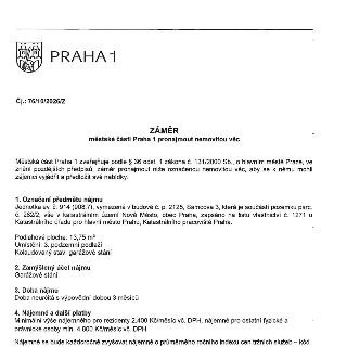 PRAHA 1, Čj.: 76/10/2026/Z. ZÁMĚR městské části Praha 1 pronajmout nemovitou věc. Městská část Praha 1 zveřejňuje podle § 36 odst. 1 zákona č. 131/2000 Sb., o…