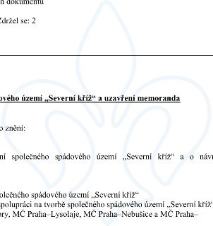 Úřední dokument týkající se vytvoření společného spádového území „Severní kříž“ a uzavření memoranda o spolupráci. Zúčastněné strany zahrnují MČ Praha–Lysolaje…