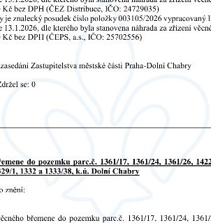 Výňatek z usnesení Zastupitelstva městské části Praha-Dolní Chabry týkající se zřízení věcného břemene. Text obsahuje: zmínku o znaleckém posudku č. 003105/202…