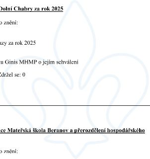 Výňatek z usnesení zastupitelstva: 1. Rozpočet MČ Dolní Chabry za rok 2025, usnesení v tomto znění: Schvaluje rozpočet MČ Dolní Chabry za rok 2025, ukládá odes…