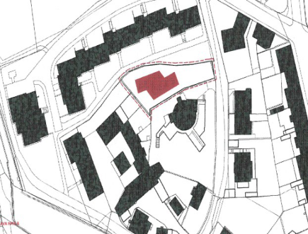 Situační nákres s vyznačeným zájmovým územím v zastavěné oblasti.