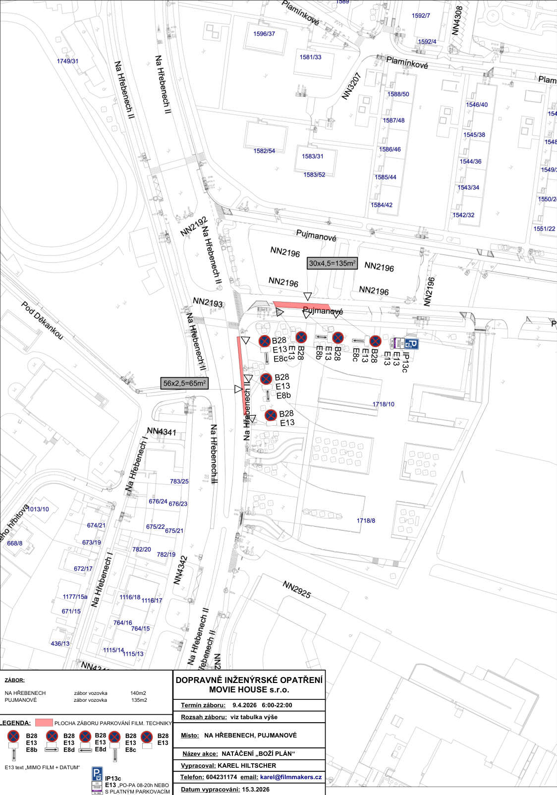 Dopravně inženýrské opatření (situační nákres záboru komunikace) pro filmové natáčení v ulicích Na Hřebenech II a Pujmanové.