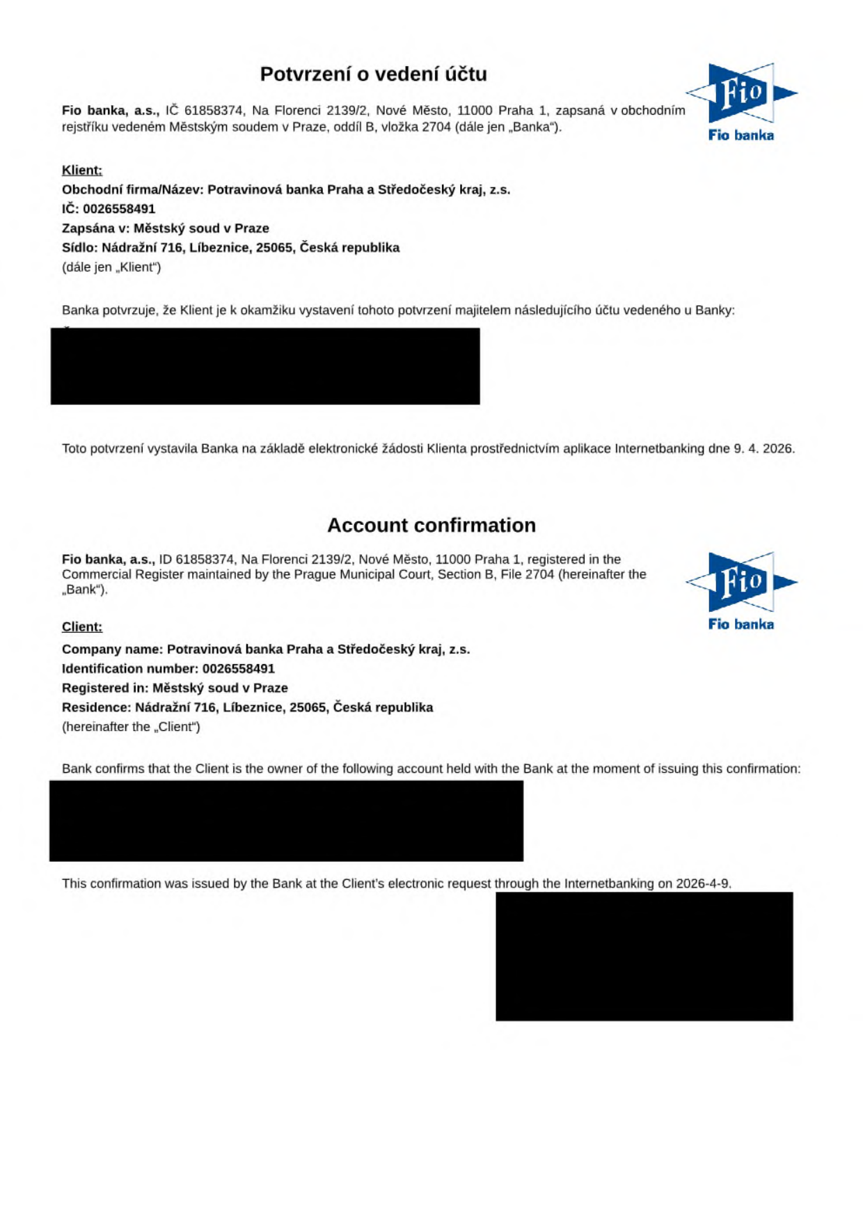 Potvrzení o vedení účtu (Account confirmation) vystavené bankou Fio banka, a.s. pro klienta Potravinová banka Praha a Středočeský kraj, z.s., IČ: 0026558491, se sídlem Nádražní 716, Líbeznice, 25065. Potvrzení bylo vystaveno na základě elektronické žádosti klienta dne 9. 4. 2026.