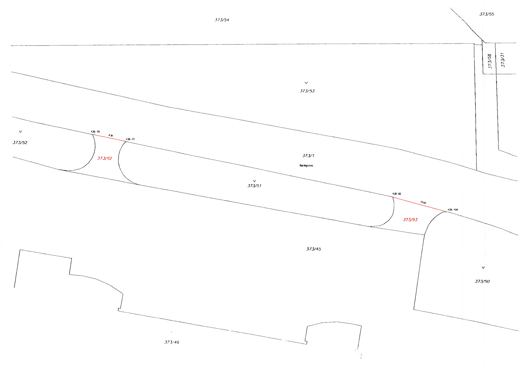 Výřez z katastrální mapy znázorňující parcely č. 373/92, 373/93 a jejich okolí.
