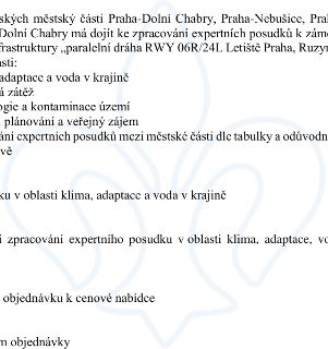 Naskenovaná stránka textového dokumentu s obsahem týkajícím se městských částí Praha-Dolní Chabry, Praha-Nebušice atd., zpracování expertních posudků k záměru…