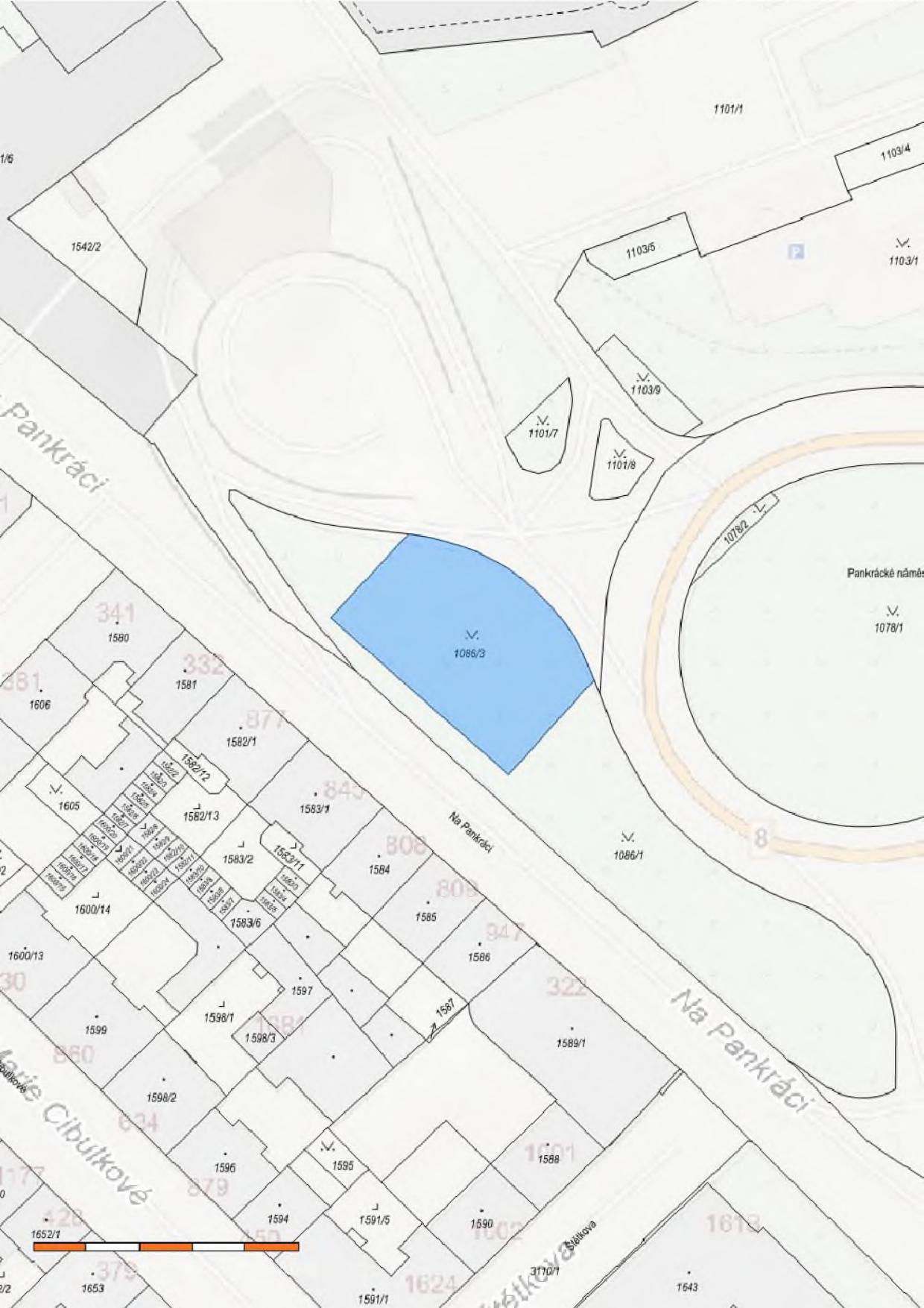 Katastrální mapa oblasti v Praze (Pankrác), zobrazující parcely a ulice. Výrazně je modře vyznačena parcela č. 1086/3. V mapě jsou uvedena čísla parcel (např. 1542/2, 1101/1, 1103/5, 1103/9, 1101/7, 1101/8, 1078/2, 1078/1, 1086/1, 1580, 1581, 1582/1, 1582/12, 1582/13, 1583/1, 1583/2, 1583/11, 1600/14, 1584, 1585, 1586, 1589/1, 1597, 1598/1, 1598/3, 1598/2, 1596, 1595, 1594, 1591/5, 1590, 1588, 1624, 1652/1, 1653, 1643) a názvy ulic 'Na Pankráci' a 'Marie Cibulkové'. V levém dolním rohu je grafické měřítko.