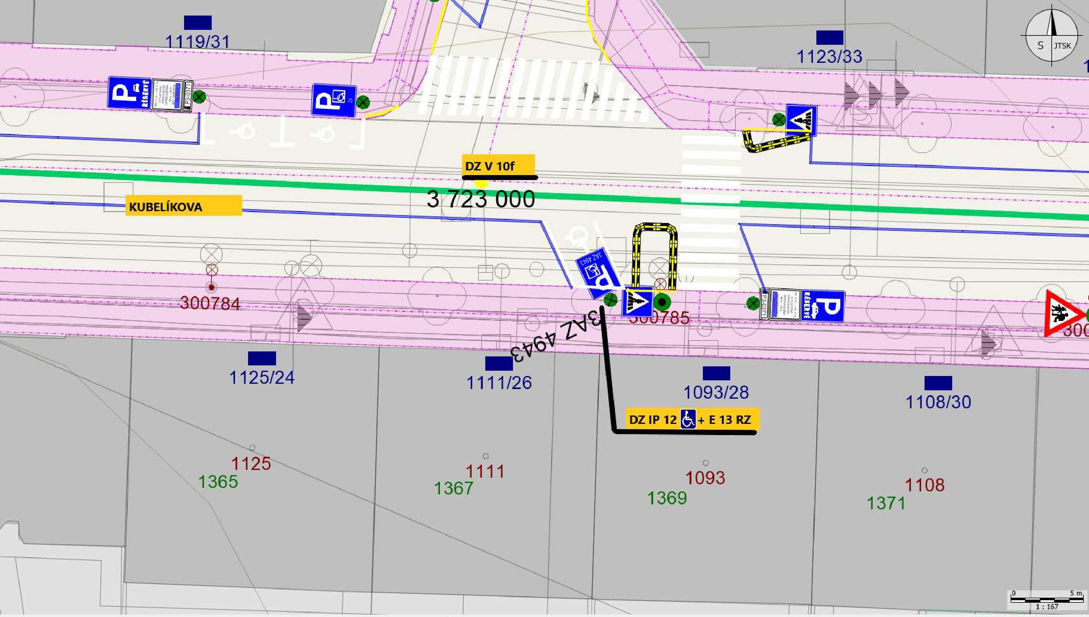 Situační nákres dopravního značení a parkovacích stání v ulici Kubelíkova.