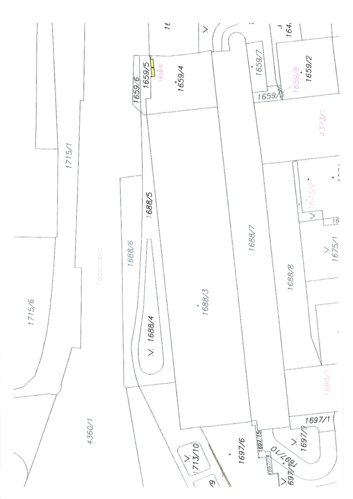 Katastrální mapa zobrazující parcely v oblasti ulice Táboritská. Čitelná čísla parcel: 1715/6, 1715/1, 4360/1, 1688/6, 1688/4, 1688/5, 1688/3, 1688/7, 1688/8, 1713/10, 1697/6, 1697/15, 1697/10, 1697/9, 1697/1, 1696/1, 1675/1, 1673/2, 4373/1, 1659/8, 1659/2, 1659/7, 1659/4, 1659/9, 1659/6, 1659/5.